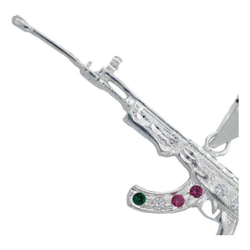 Dije Mediano Rifle Ak 47 Cuerno De Chivo Plata Solida S925