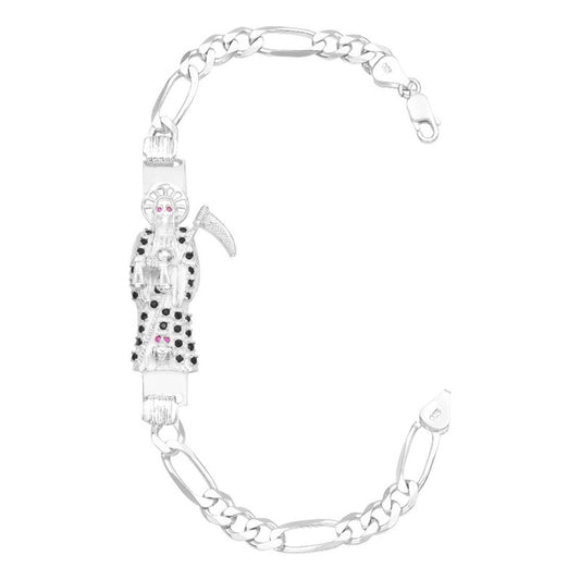 Pulsera Santa Muerte Zirconias Figaro 3x1 Plata 925 6 Mm Negro 6 Cm 21 Cm