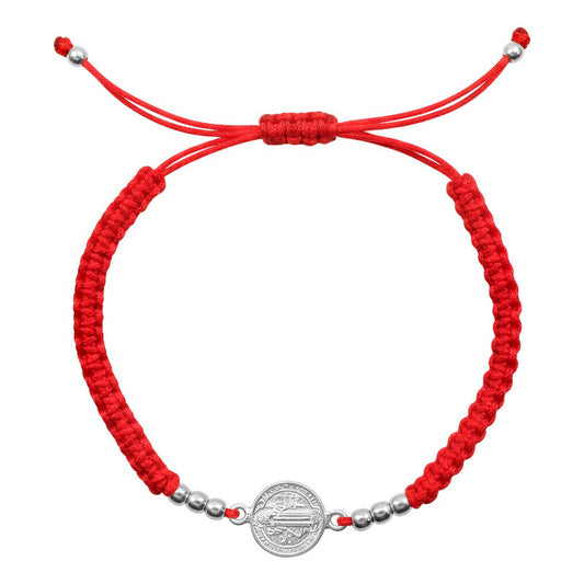 Pulsera Ajustable Hilo Amuleto Medalla San Benito Plata 925 Rojo