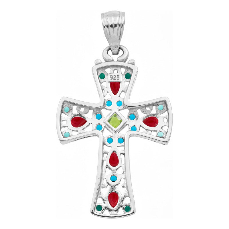Dije Cruz Grande Plata 925 Piedra Natural Zirconia 4.3 Cm Rojo Verde