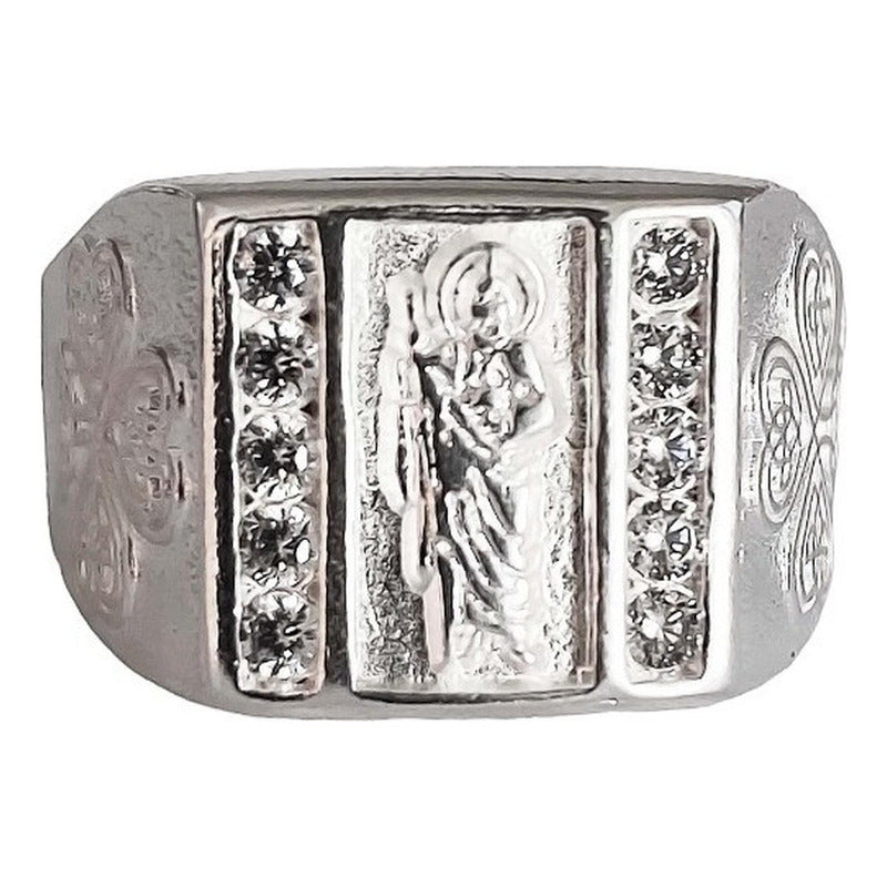 Anillo De Cuadro San Judas Tadeo Con Zirconias Plata Ley 925