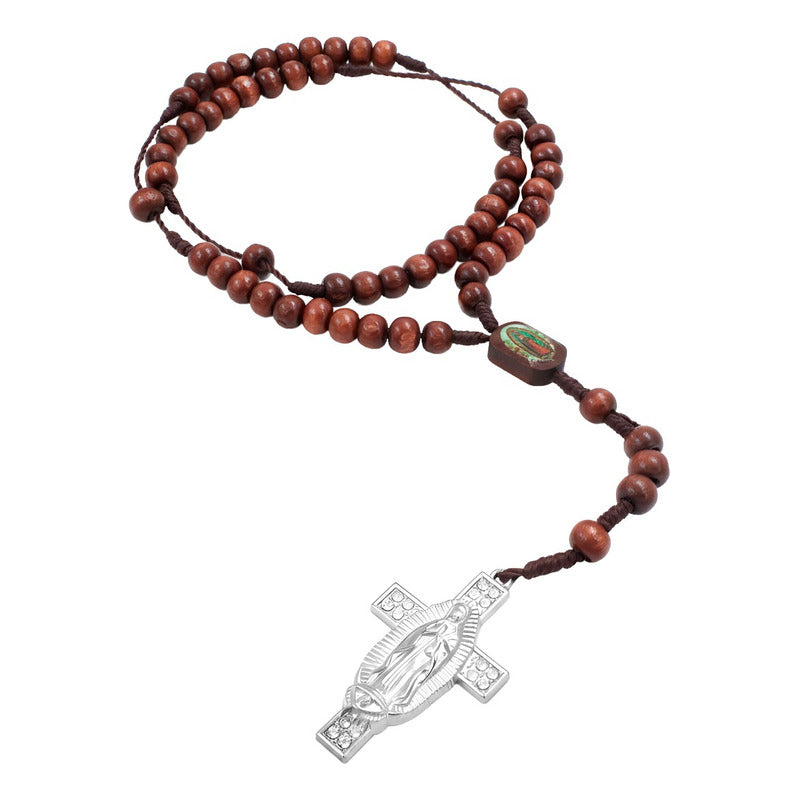 Rosario De Madera Con Cruz De La Virgen De Guadalupe Metal Marrón