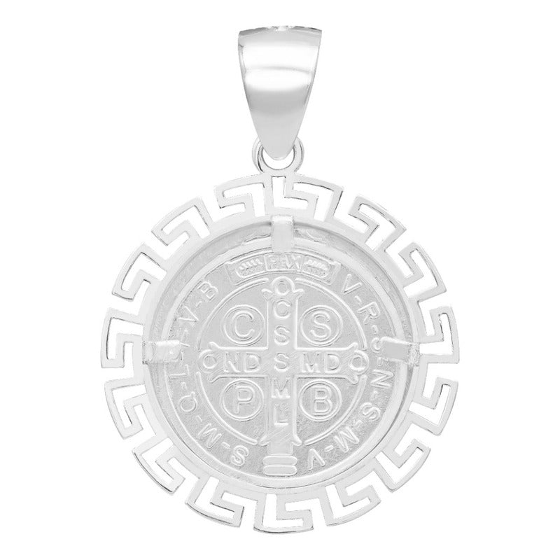Dije Medalla San Benito Grecas Zirconias Plata 925 3.4 Cm Blanco