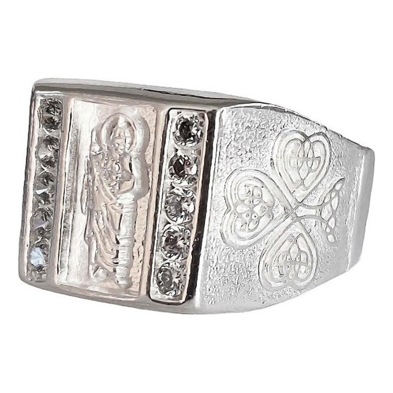 Anillo De Cuadro San Judas Tadeo Con Zirconias Plata Ley 925