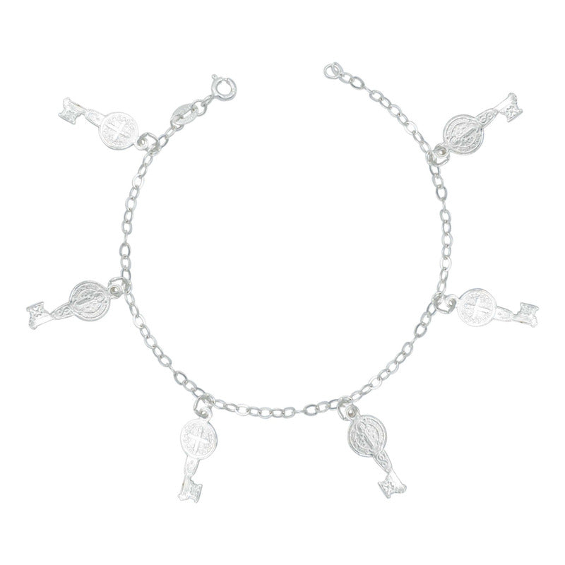 Pulsera Ajustable San Benito Pequeña Medallas Plata Ley 925