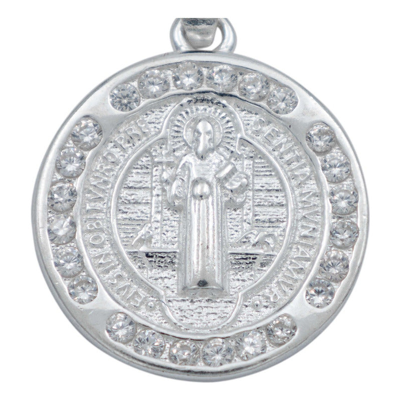 Dije Medalla Chica San Benito Doble Vista Zirconias Plata925