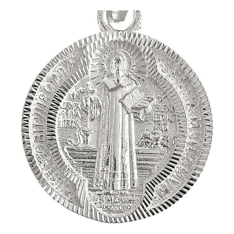Medalla Doble Vista Diamantada San Benito Plata 925 2.4 Cm