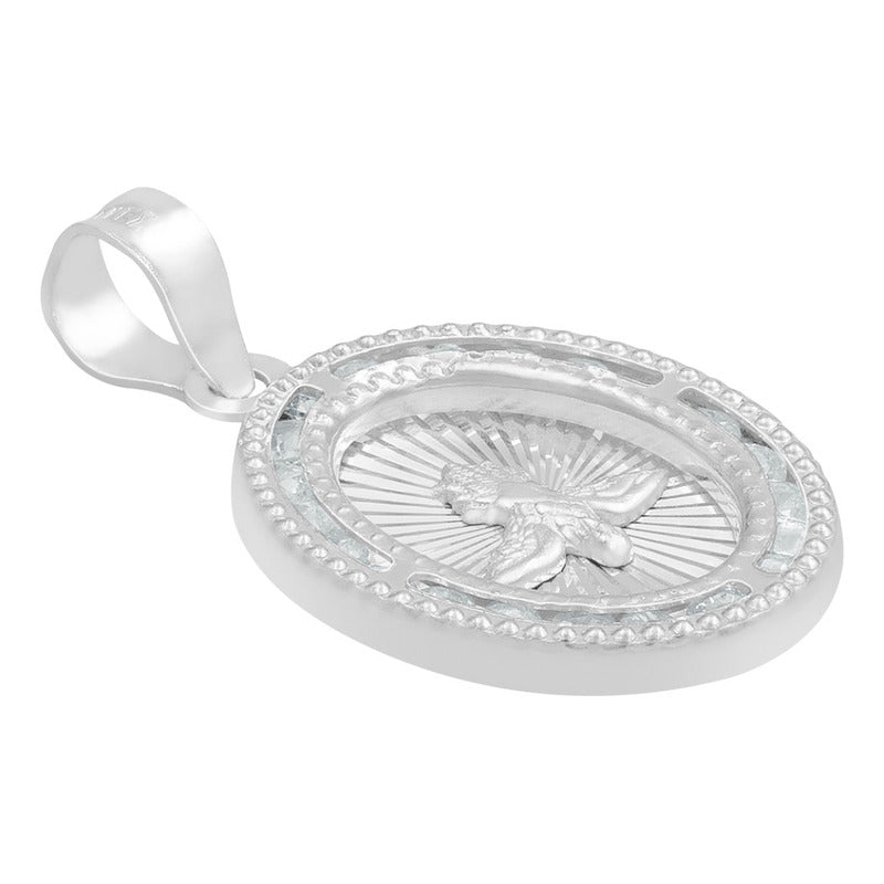 Dije Medalla Oval Espiritu Santo Zirconias Plata 925 1.4 Cm Blanco