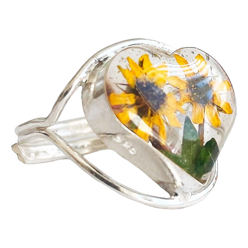 Anillo Ajustable Girasol Corazón Amor Promesa Plata 925