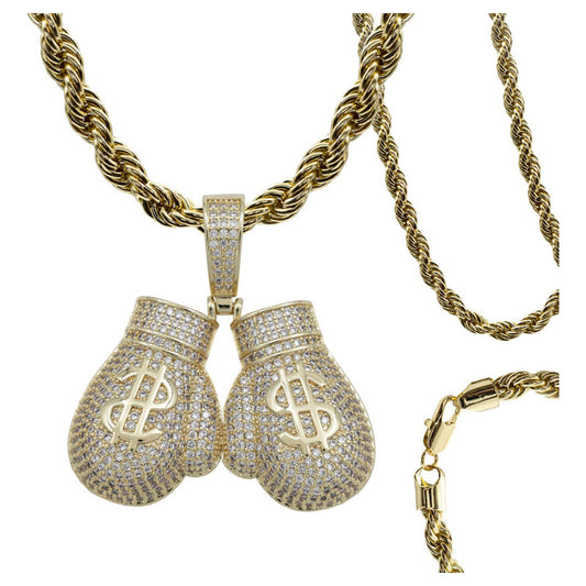 Dije Hombre Guantes Box Dinero + Cadena Regalo Chapa Oro 14k