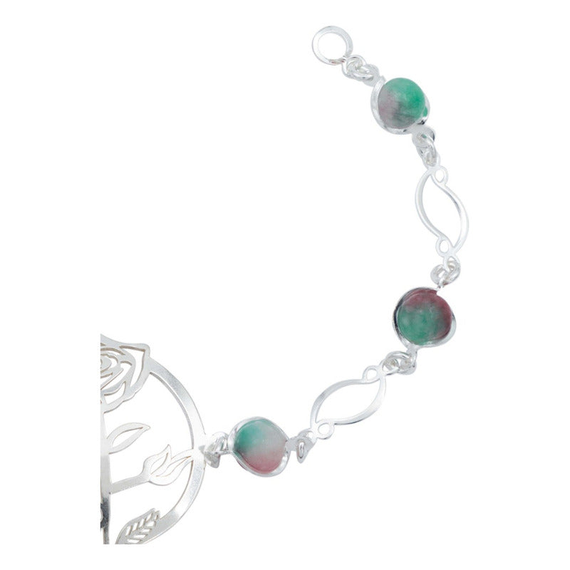 Pulsera Flores Rosa Piedra Natural Cuarzo Mujer Plata 925