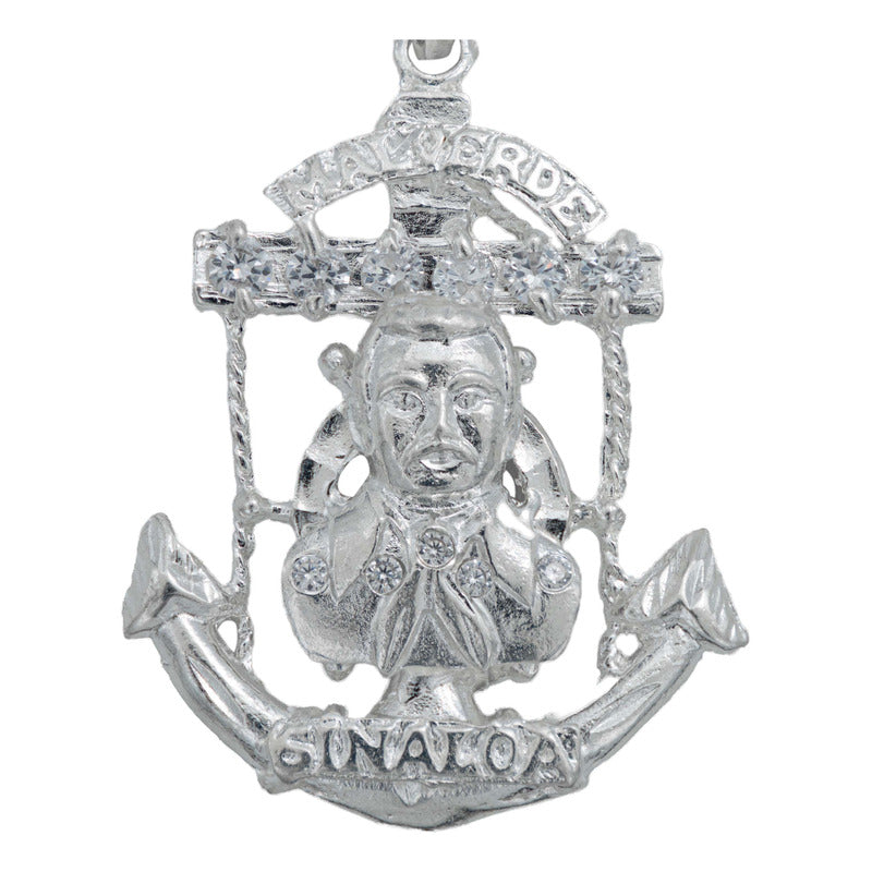 Dije Grande Jesús Malverde Ancla Zirconias Plata Solida 925