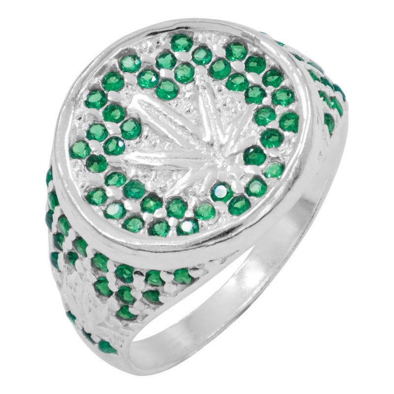 Anillo Marihuana Hoja Cánnabis Planta Plata 925 Hombre 12.5 Verde