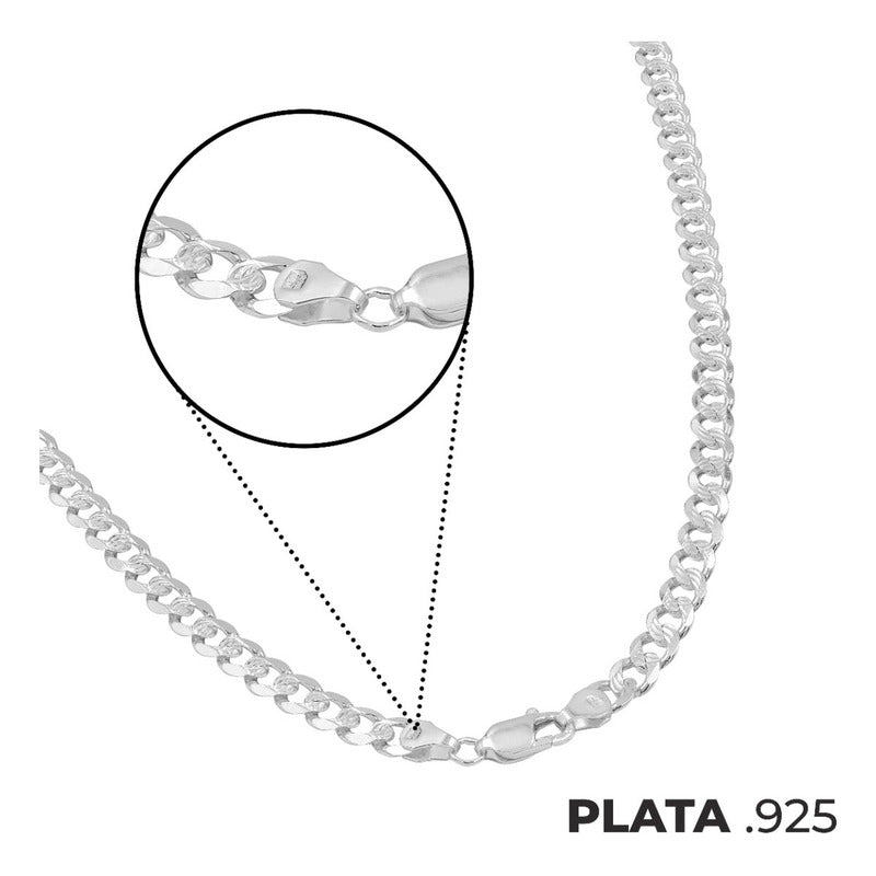 Cadena Cubana Diamantada Barbada Hombre Plata925 65cm X 6mm Plateado