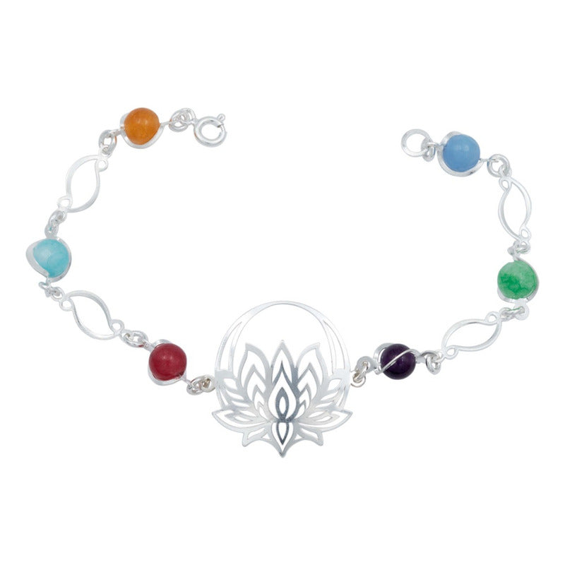 Pulsera Flor De Loto Piedra Natural Cuarzo Mujer Plata 925