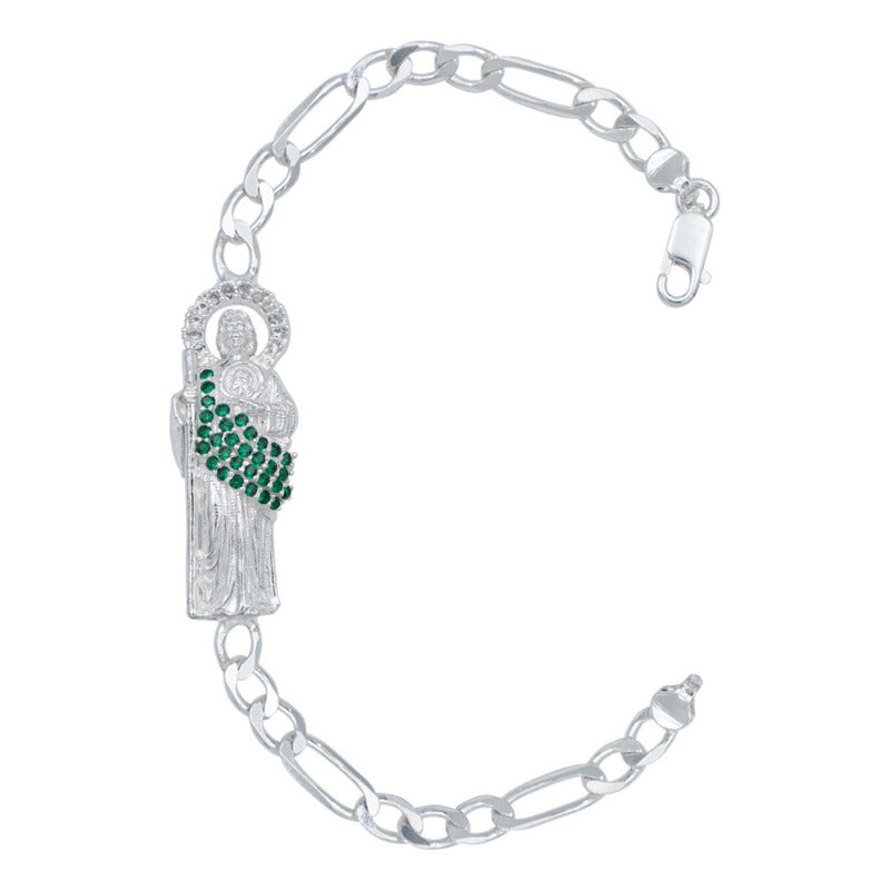 Pulsera Esclava San Judas Zirconias Tejido Figaro3x1 5mm 925 - Verde - 6 Cm - 19 Cm