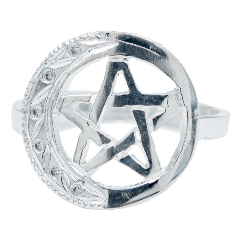 Anillo Diamantado Pentagrama Luna Zirconias Plata Ley 925