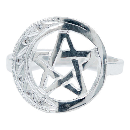 Anillo Diamantado Pentagrama Luna Zirconias Plata Ley 925