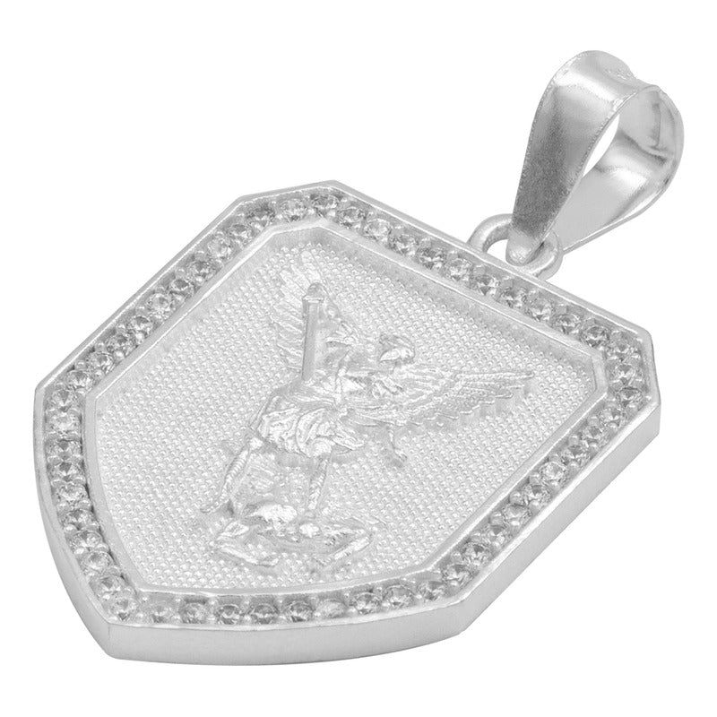 Dije Escudo San Miguel Protección Zirconias Plata Ley 925