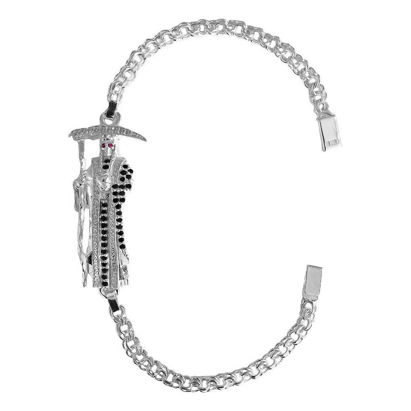 Pulsera Santa Muerte Esclava Zirconias Plata Solida Ley S925