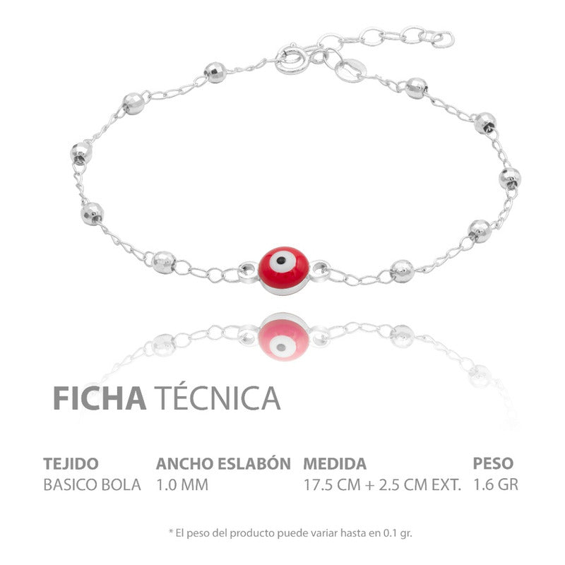 Pulsera Ajustable Ojo Turco Protección Suerte Mujer Plata925 Rojo 6 Cm 20 Cm