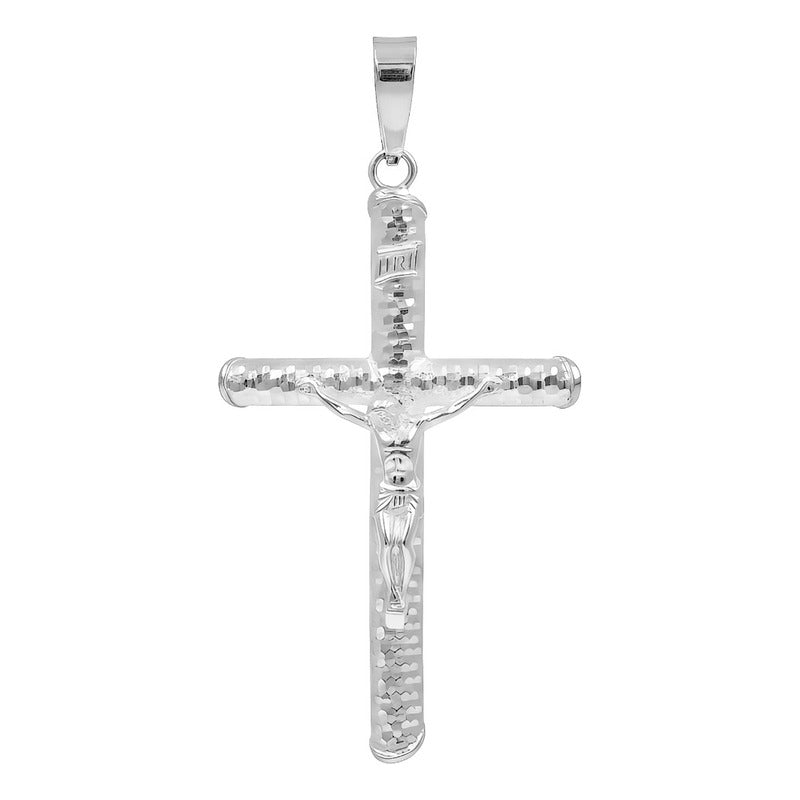 Dije Cruz Tubular Cristo Diamantado Arenado Plata 925 5 Cm Plateado