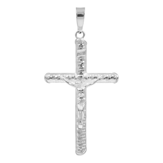 Dije Cruz Tubular Cristo Diamantado Arenado Plata 925 5 Cm Plateado