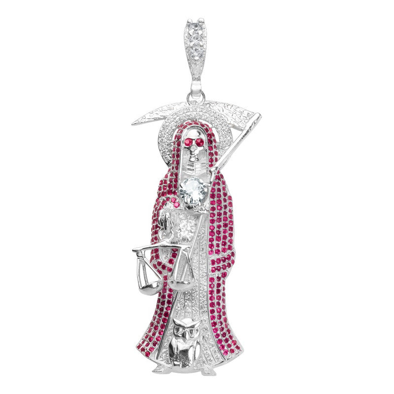 Dije Medalla Grande Santa Muerte Zirconias Plata 925 7.7 Cm - Fucsia