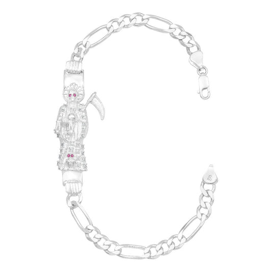 Pulsera Santa Muerte Zirconias Figaro 3x1 Plata 925 6 Mm Blanco 6 Cm 21 Cm
