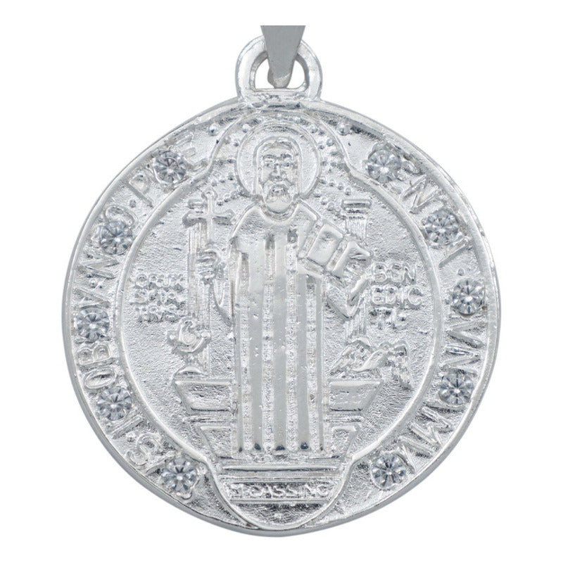 Dije Medalla Med San Benito Doble Vista Zirconias Plata 925