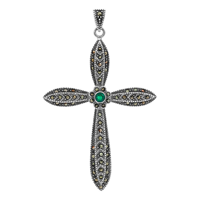 Dije Cruz Grande Rodizada De Plata Ley 925 Con Zirconia 6 Cm Verde
