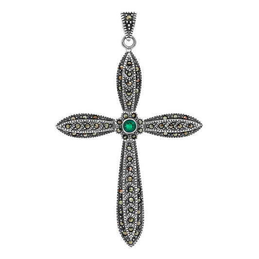 Dije Cruz Grande Rodizada De Plata Ley 925 Con Zirconia 6 Cm Verde