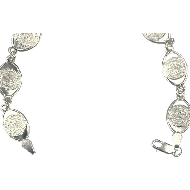 Pulsera San Benito Pequeña Medalla Plata Pura Solida Ley 925