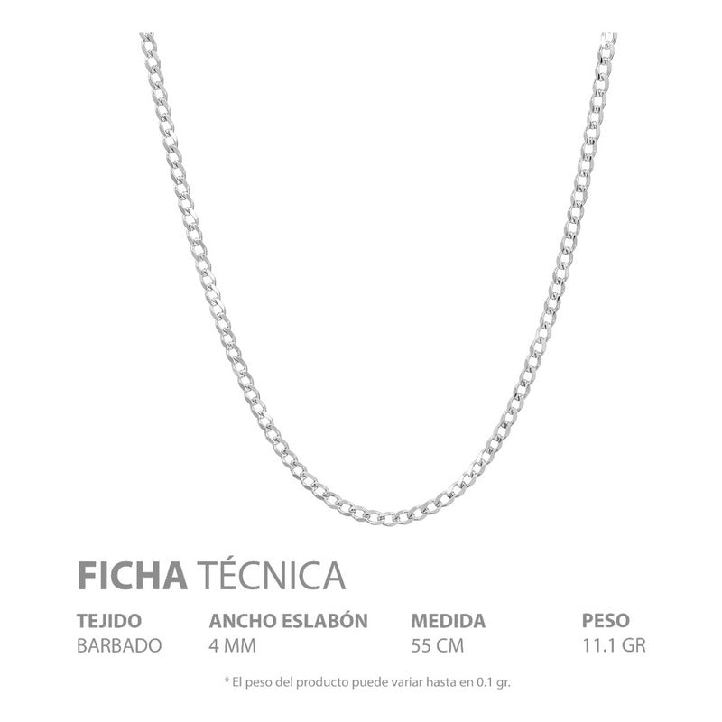 Cadena Cubana Diamantada Barbada Unisex Plata925 55cm X 4mm Plateado