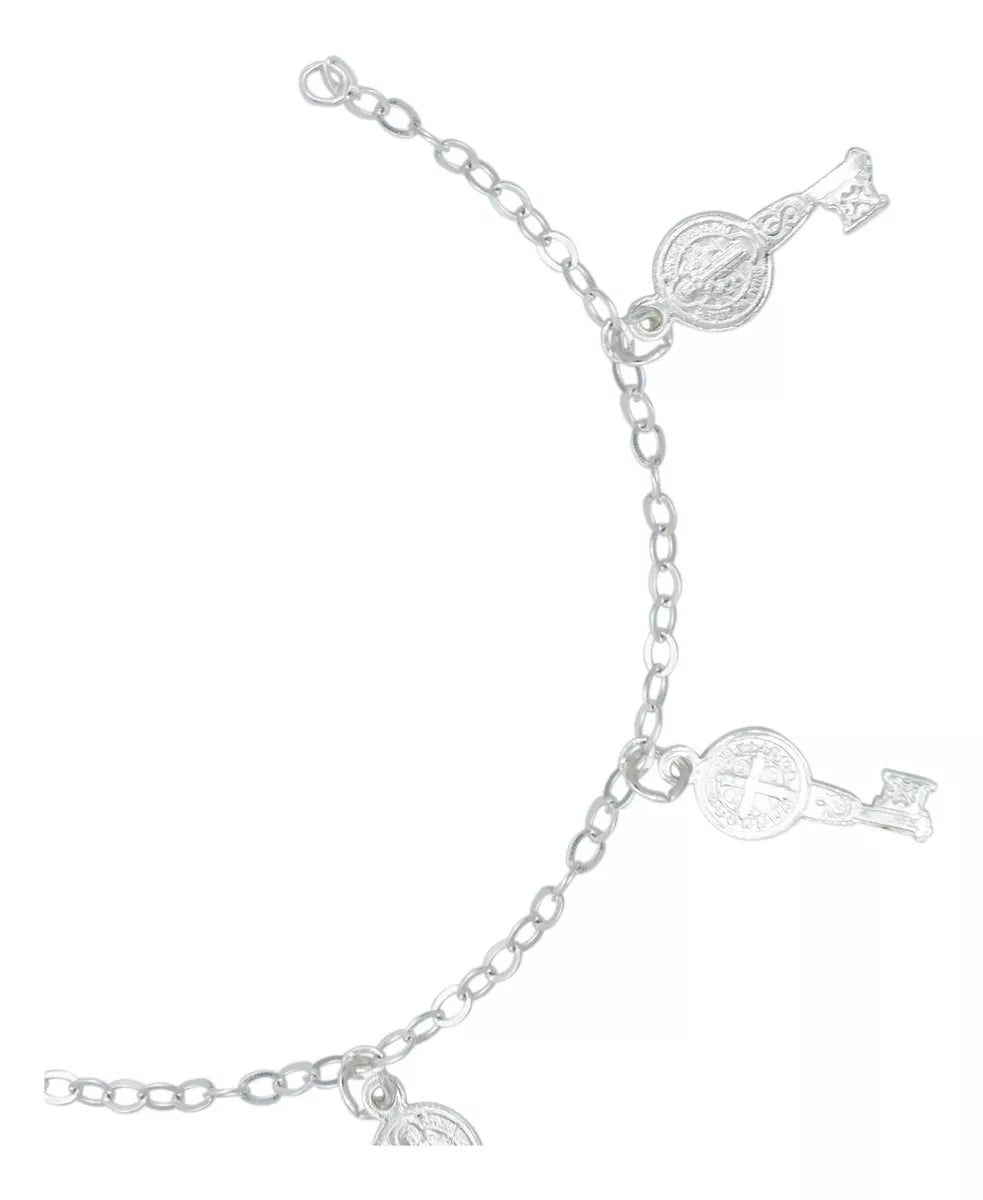 Pulsera Ajustable San Benito Pequeña Medallas Plata Ley 925
