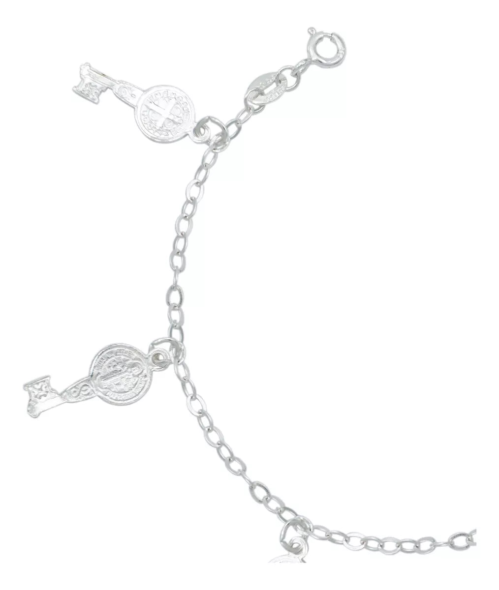 Pulsera Ajustable San Benito Pequeña Medallas Plata Ley 925