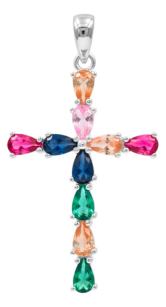 Dije Cruz Plata 925 Zirconias Gota Joyería Religiosa 4 Cm Multicolor