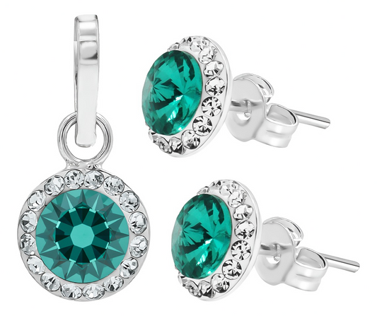 Juego Dije Aretes Plata 925 Con Cristales Zirconias 1.5 Cm Turquesa