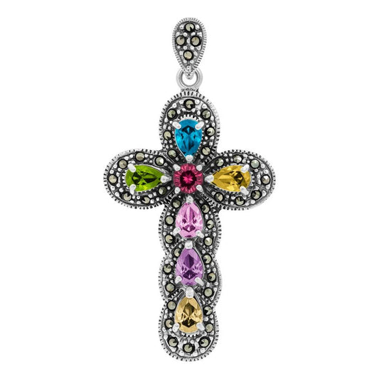 Dije Cruz Grande Rodizada De Plata Ley .925 Zirconias 5.2 Cm Multicolor