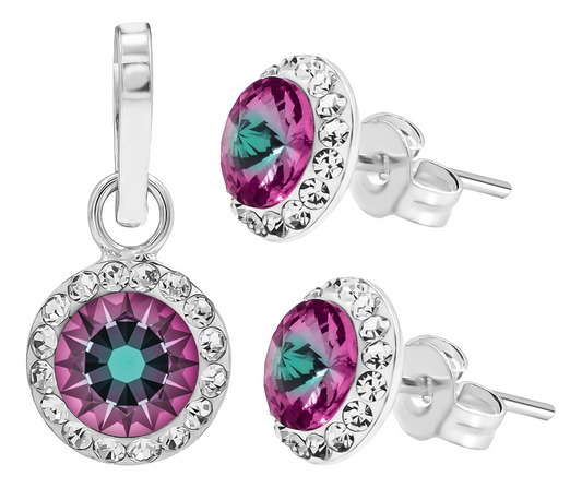 Juego Dije Aretes Plata 925 Con Cristales Zirconias 1.5 Cm Fucsia Bicolor