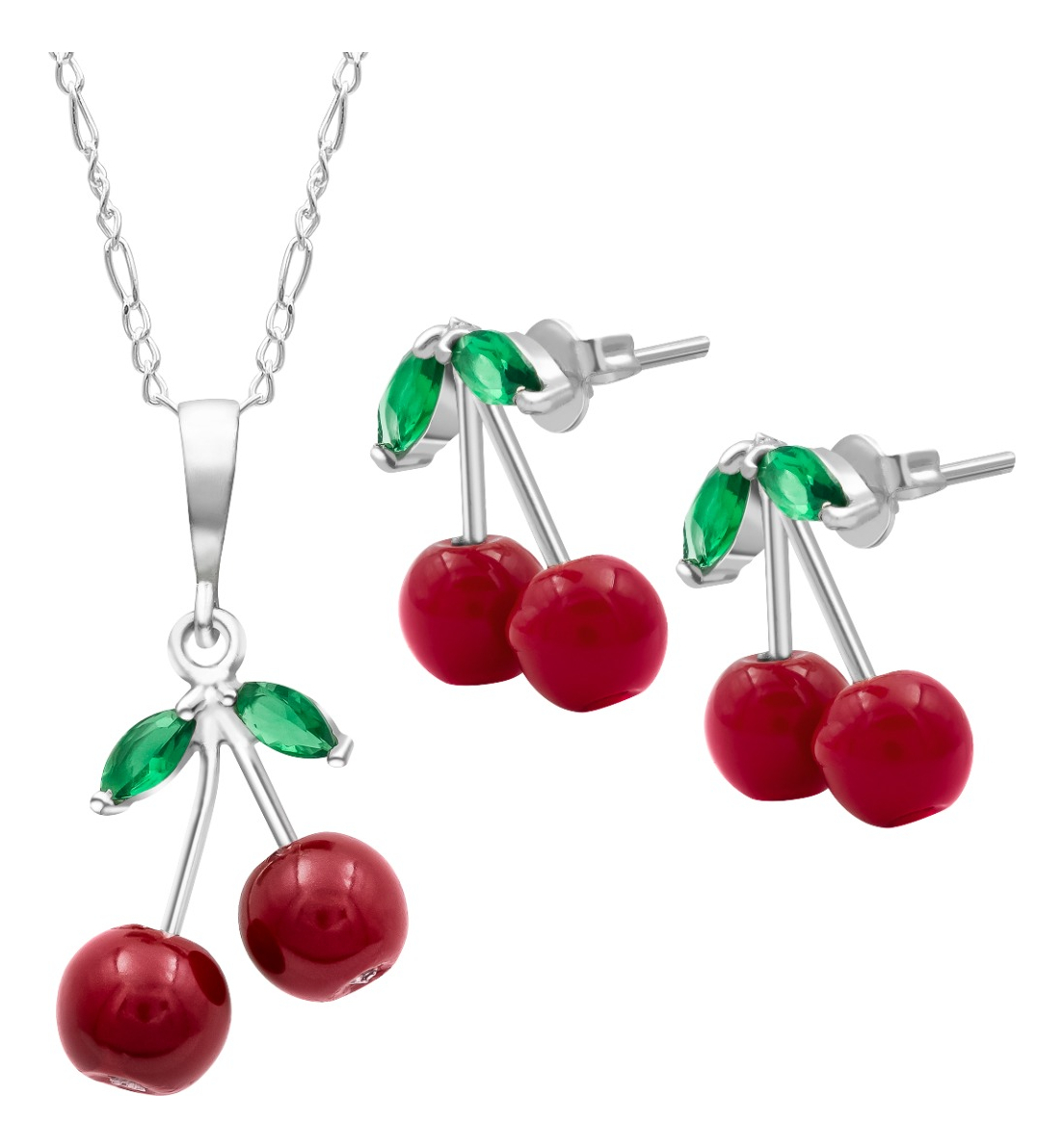 Joyaris Conjunto Dije Cadena Aretes Cereza Plata 925 Mujer Plateado