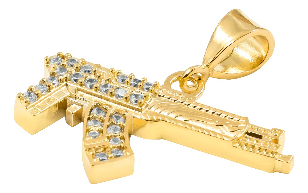 Dije Rifle Ak-47 Oro Laminado 14k Piedra 3 Cm Estilo Urbano Amarillo