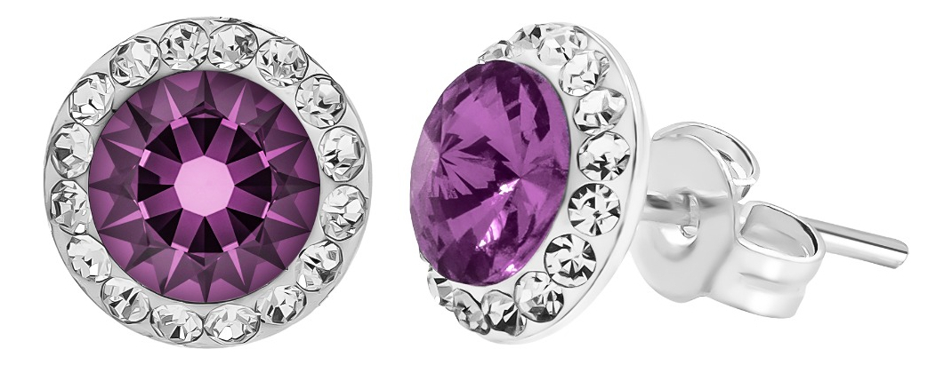 Juego Dije Aretes Plata 925 Con Cristales Zirconias 1.5 Cm Violeta