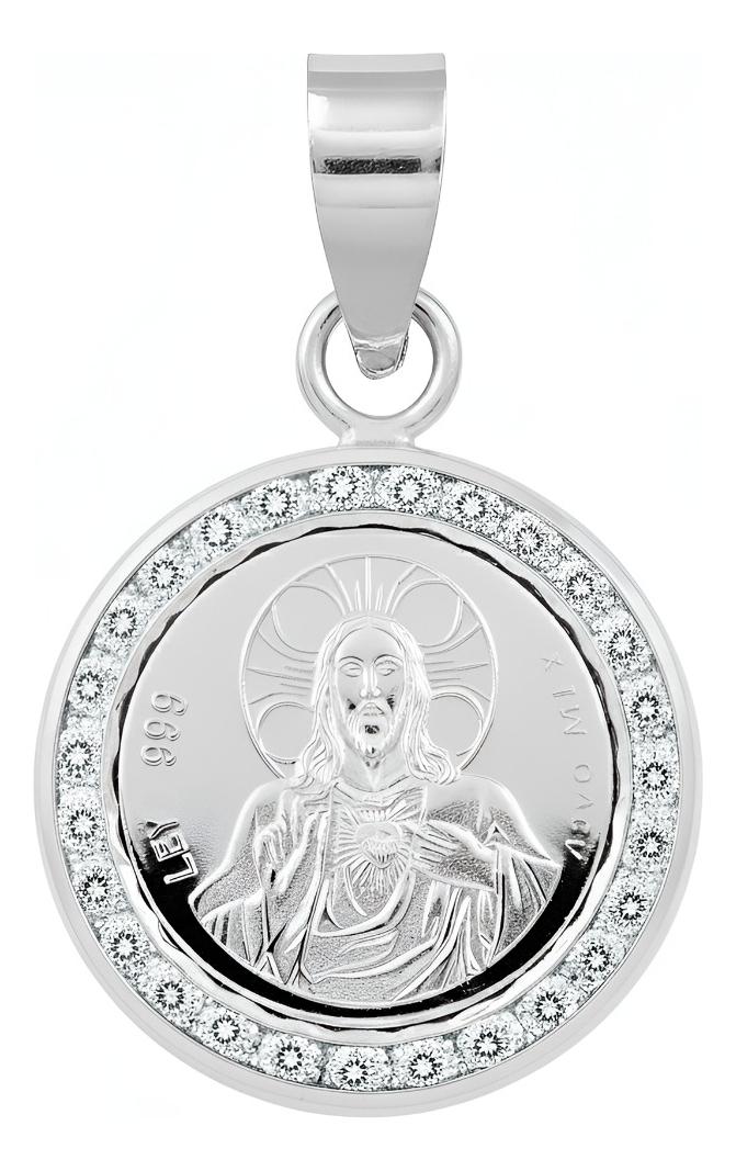 Dije Sagrado Corazón Jesús De Plata Pura 999 Zirconia 3.2 Cm Plateado