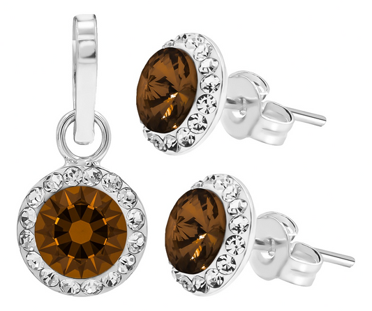 Juego Dije Aretes Plata 925 Con Cristales Zirconias 1.5 Cm Marrón