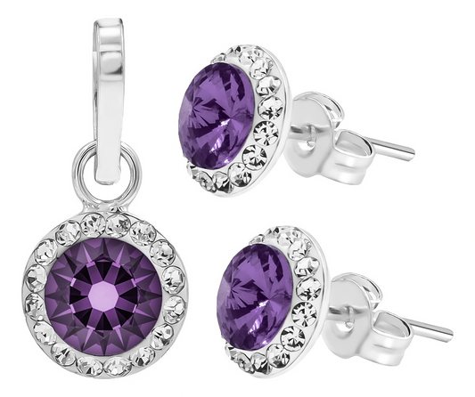 Juego Dije Aretes Plata 925 Con Cristales Zirconias 1.5 Cm Morado