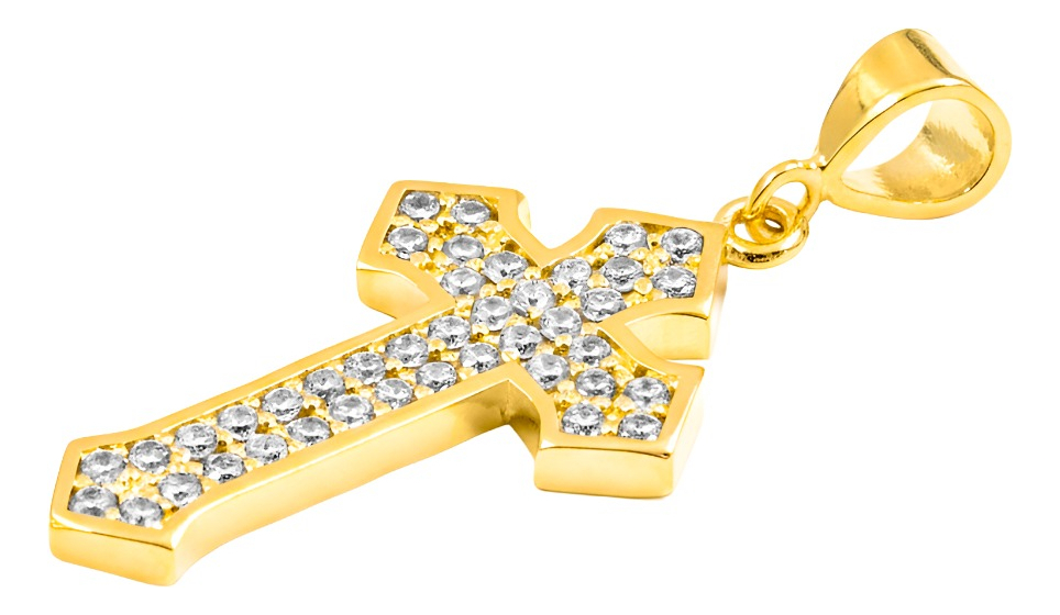 Dije Cruz De Oro Laminado 14k Con Piedra Central  4.4 Cm Amarillo