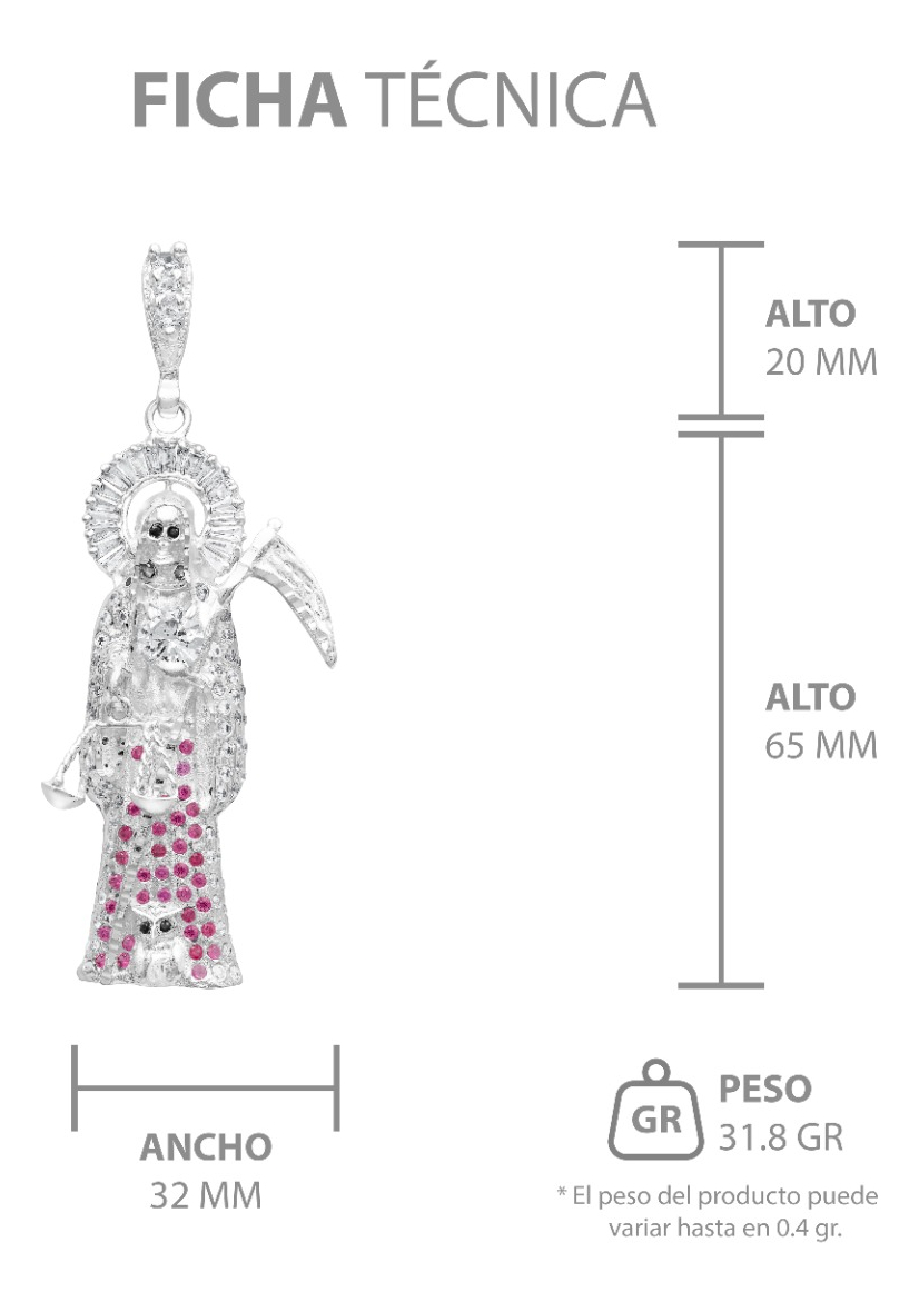 Joyaris Dije Santa Muerte 3d Grande Plata925 Hombre Zirconia Fucsia