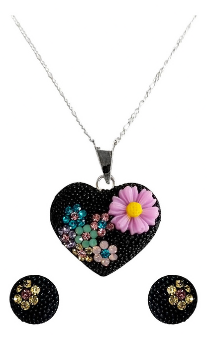Collar Aretes Corazón Artesanal Chico Piedras Plata Ley 925