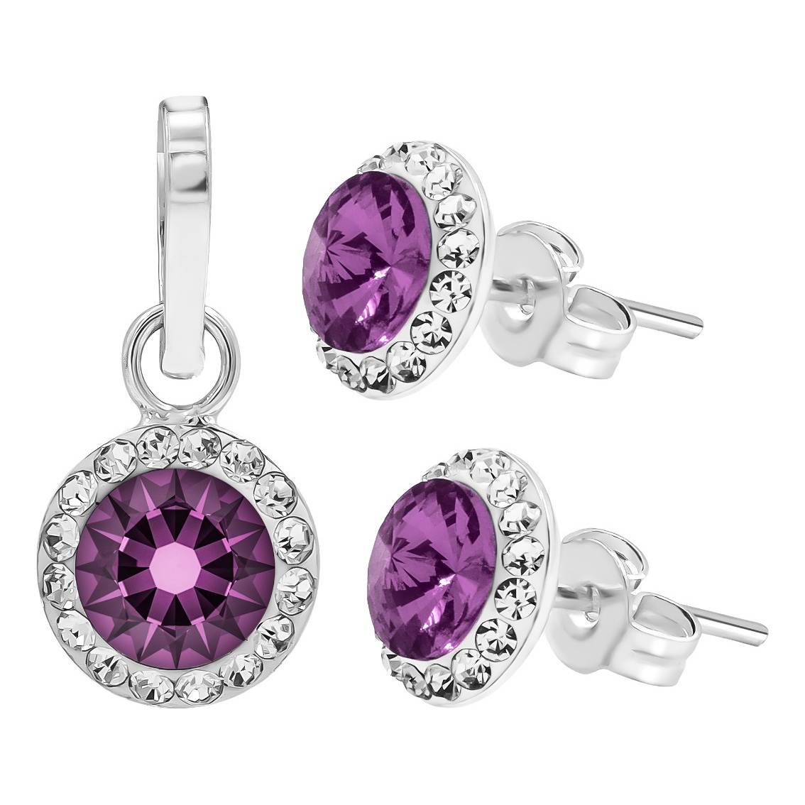 Juego Dije Aretes Plata 925 Con Cristales Zirconias 1.5 Cm Violeta